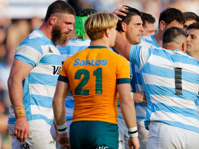 Argentina's Los Pumas flanker Pablo Matera (C) celebrates with his teammates after scoring a try during the Rugby Championship match between Argentina and Australia at Brigadier General Estanislao Lopez Stadium in Santa Fe, Argentina on September 7, 2024. (Photo by GERONIMO URANGA / AFP)