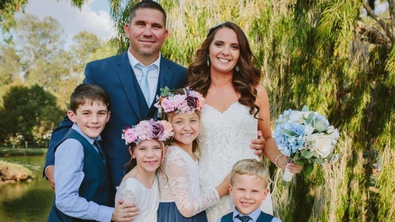 Steven and Kate Ball on their wedding day on October 20, 2018, with their children (from left) Cooper, Kaely, Summah and Nate. Photo: Sally Chilcott Photography