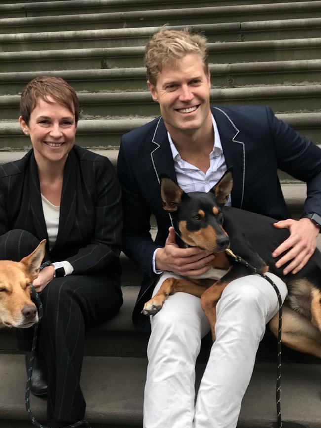 Agriculture minister Jaala Pulford with Chris Brown spruiking rental reforms allowing pets.