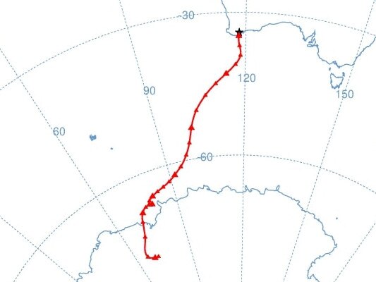 Back trajectory of the air mass that reached Bluff Knoll on Thursday and caused snow. Picture: Weatherzone