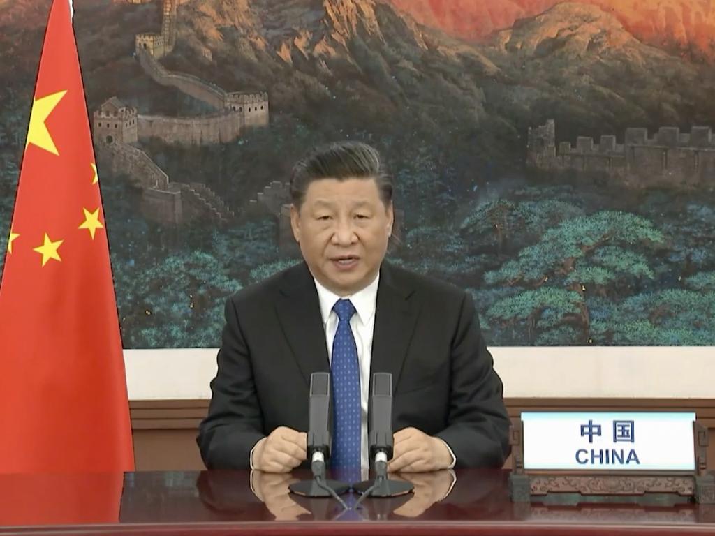 Chinese President Xi Jinping delivering a speech via video link at the opening of the World Health Assembly virtual meeting from the WHO headquarters in Geneva, amid the COVID-19 pandemic in May.