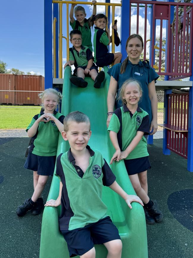 St Patrick's Nanango Primary School Prep class of 2024 (top to bottom) Lucas, Ivy, Wyatt, Aria, Thea, Theo and teacher Mrs Elphick.