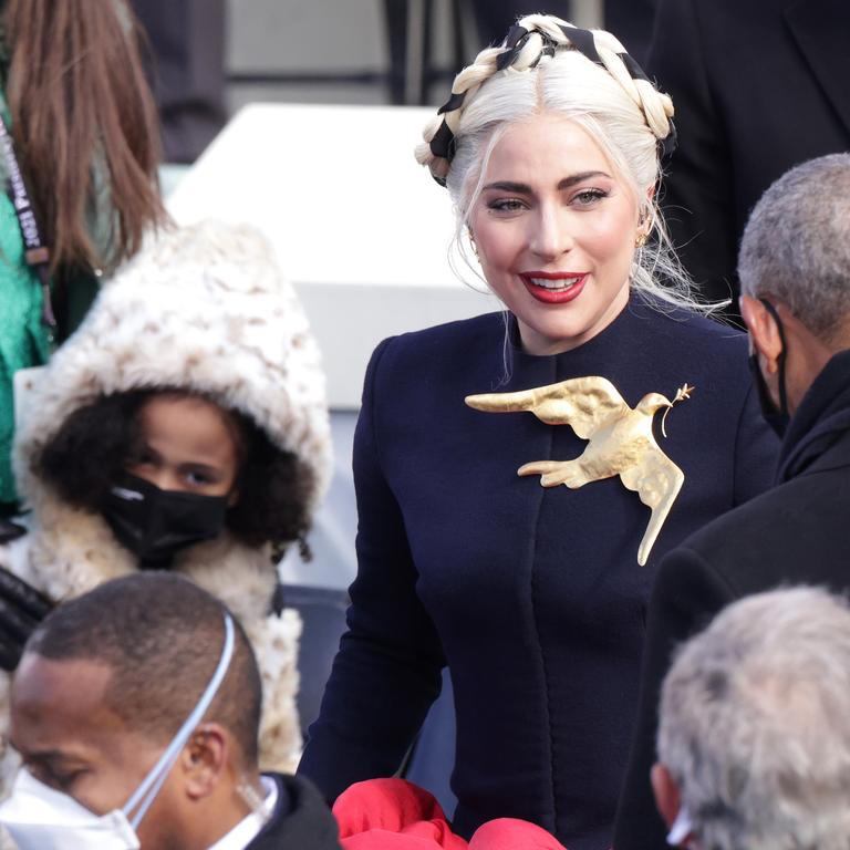 Gaga and her eye-catching brooch. Picture: Alex Wong/Getty Images