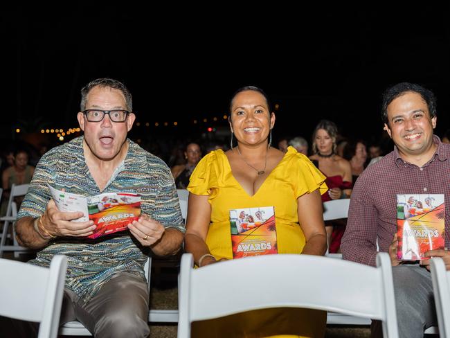 Luke Gosling, Selena Uibo and Shlok Sharma at the 2025 Hospitality NT Aristocrat Technologies Awards for Excellence, Darwin Ski Club. Picture: Pema Tamang Pakhrin