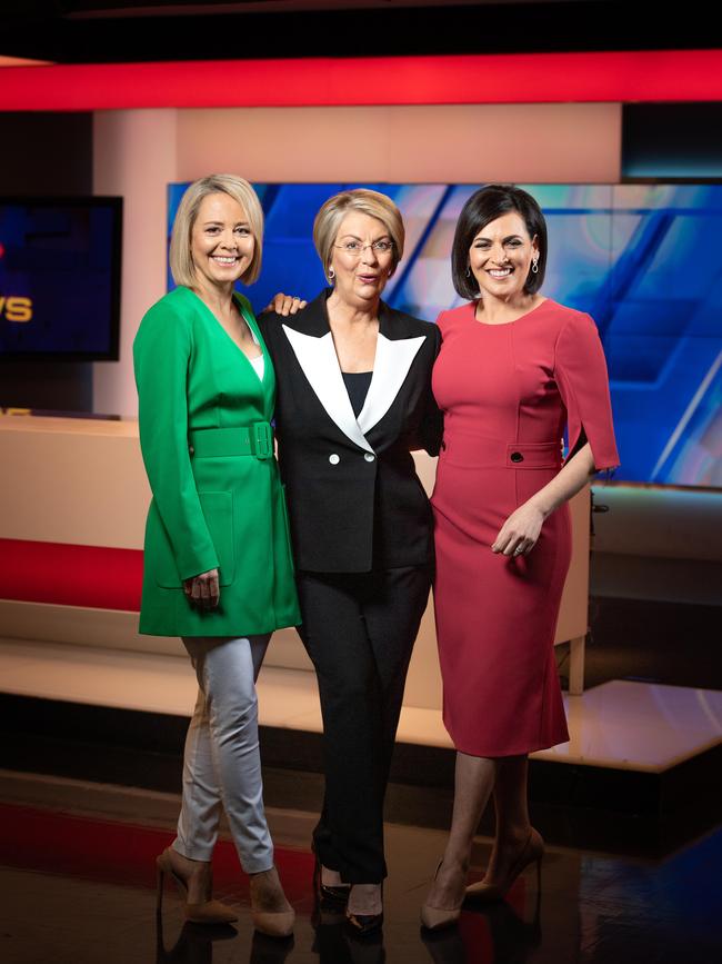 Channel 7's Jane Doyle with fellow presenters Jessica Adamson and Rosanna Mangiarelli at the Hindmarsh studio. Picture: Brad Fleet