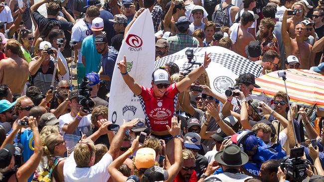 Tyler Wright celebrating her first victory of the season at the Vans US Open of Surfing.