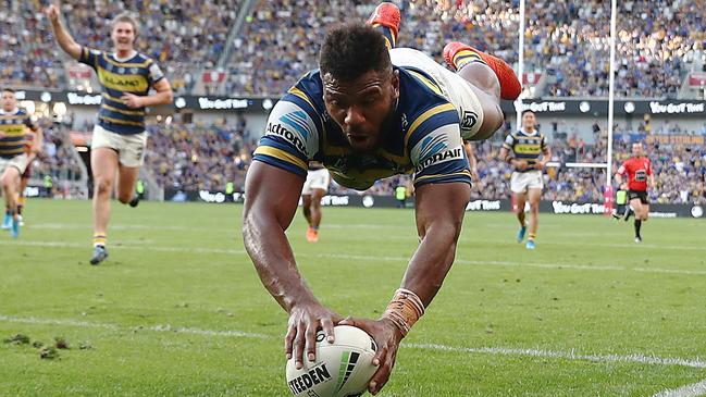 The Eels’ flying Fijian Maika Sivo had a big day out as Brisbane crashed to their worst ever-loss at Bankwest Stadium. Picture: Mark Metcalfe/Getty Images