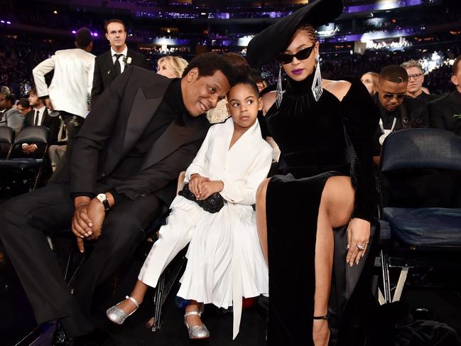 Jay Z, daughter Blue Ivy Carter and Beyonce attend the 60th Annual GRAMMY Awards at Madison Square Garden on January 28, 2018 in New York City. Picture: Getty