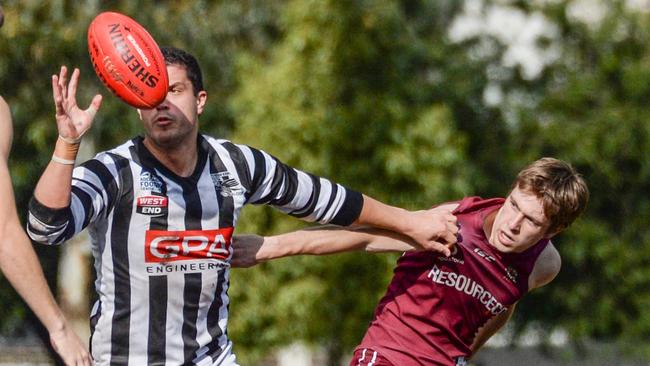 PNU’s Kristian Roocke keeps his eye on the ball against PAOC on Saturday. The Old Reds were dominant in a big win. Picture: Brenton Edwards