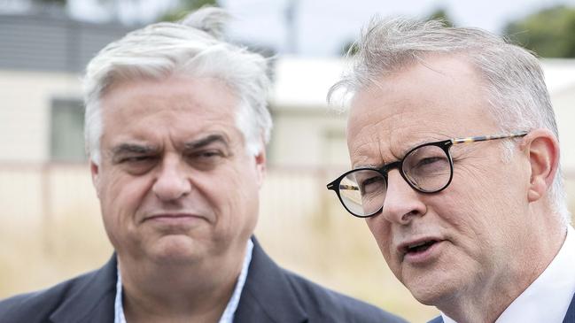 Labor leader Anthony Albanese and Lyons MP Brian Mitchell. Picture: Chris Kidd