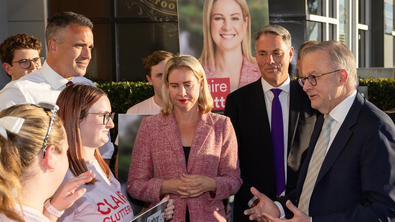 Australian Labor Prime Minister Anthony Albanese in Marden in the electorate of Sturt joined by Labor’s candidate for Sturt, Claire Clutterham, with Deputy Prime Minister Richard Marles and SA Premier Peter Malinauskas. Picture: Jason Edwards / NewsWire