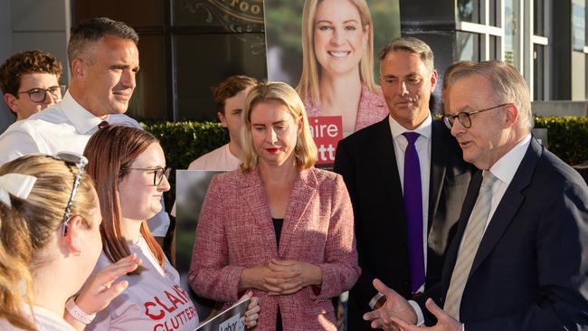 Australian Labor Prime Minister Anthony Albanese in Marden in the electorate of Sturt joined by Labor’s candidate for Sturt, Claire Clutterham, with Deputy Prime Minister Richard Marles and SA Premier Peter Malinauskas. Picture: Jason Edwards / NewsWire