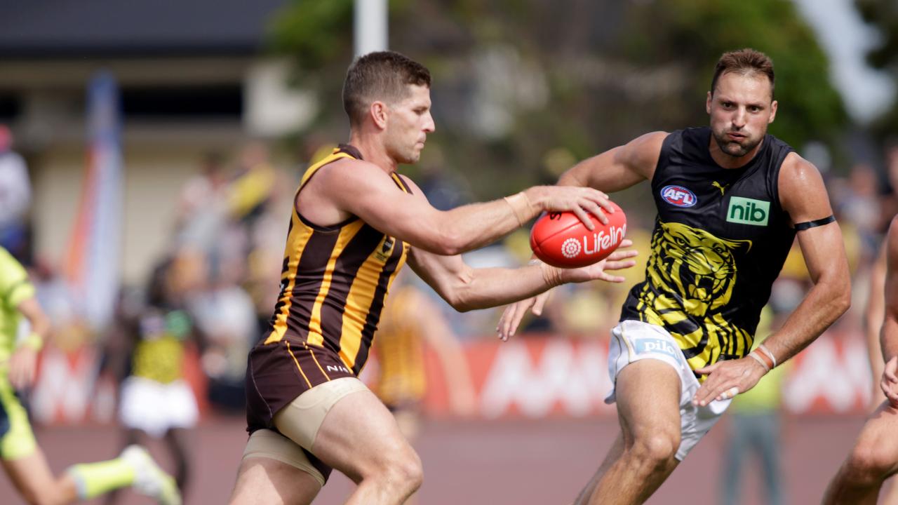 Luke Breust in action during the Hillcrest tribute game between Richmond and Hawthorn at Devonport. Picture: Grant Viney