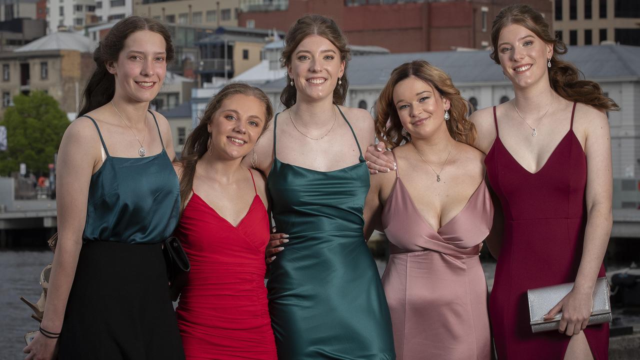 Hobart College leavers Dinner 2021 at the Hobart Function and Conference Centre, Ali Herbert, Olivia Rainbird, Zoe Hinds, Chelsea Headlam and Tash Hinds. Picture: Chris Kidd