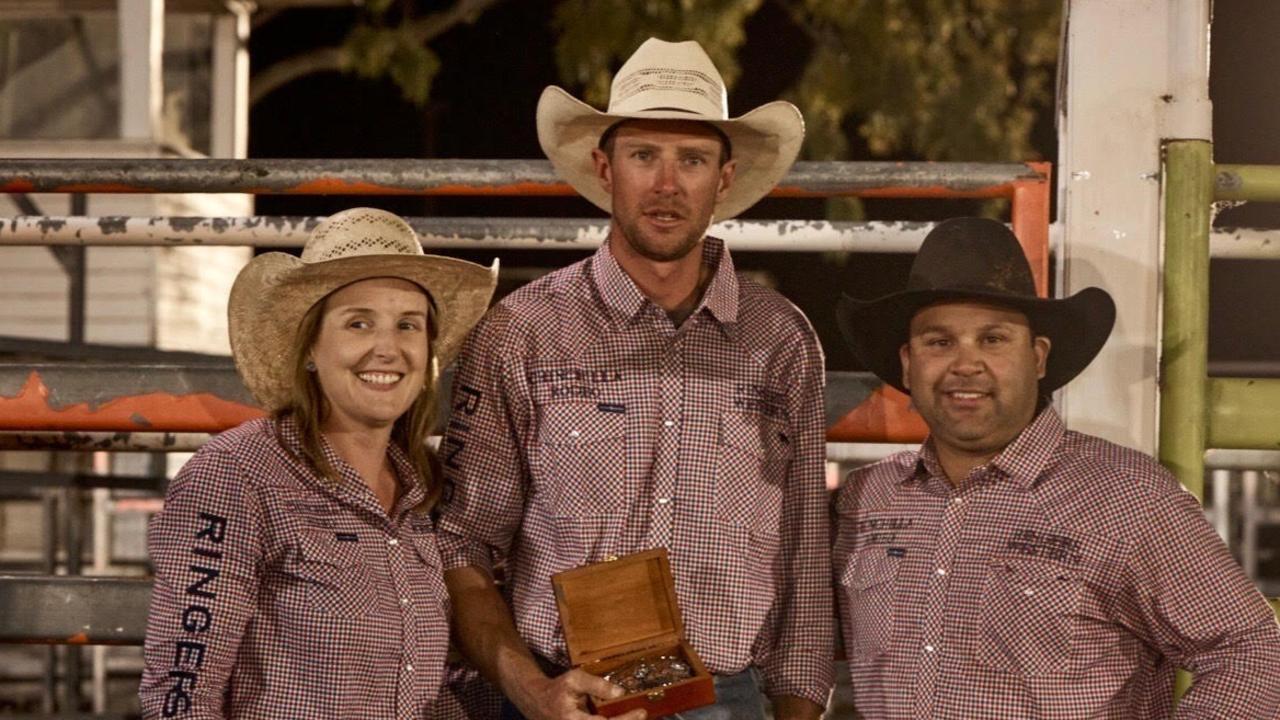 Chinchilla Rodeo vice president Kristen Chong (left), Jack Holt Memorial Open bull riding champion Jack McArthur from Cooyar and Chinchilla Rodeo president Darryl Chong.