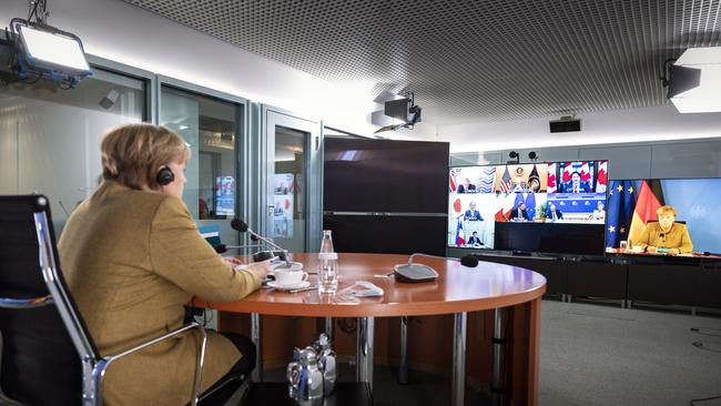 German Chancellor Angela Merkel attends a virtual meeting of G7 leaders. Picture: Getty