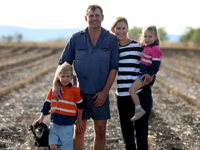 Grant and Zara Lowien with their children, Patrick and Emelia, on their property near Narrabri, in the seat of Barwon. Picture: Nathan Edwards