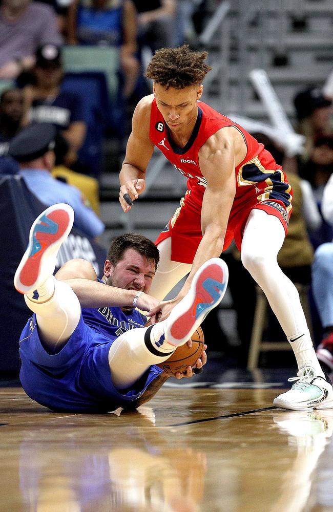 Aussie player Dyson Daniels, of the New Orleans Pelicans, steals the ball from Luka Doncic of the Dallas Mavericks. Picture: Getty Images