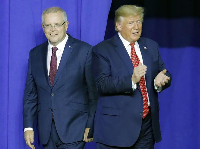 President Donald Trump and Scott Morrison took to a stage to mark the opening of the Visy plant. Picture: John Minchillo