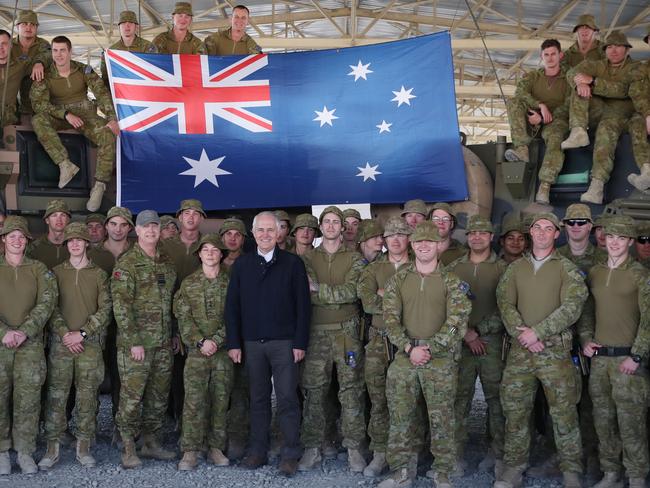 Malcolm Turnbull met with Australian troops at Camp Qargha near Kabul. Picture: Andrew Meares