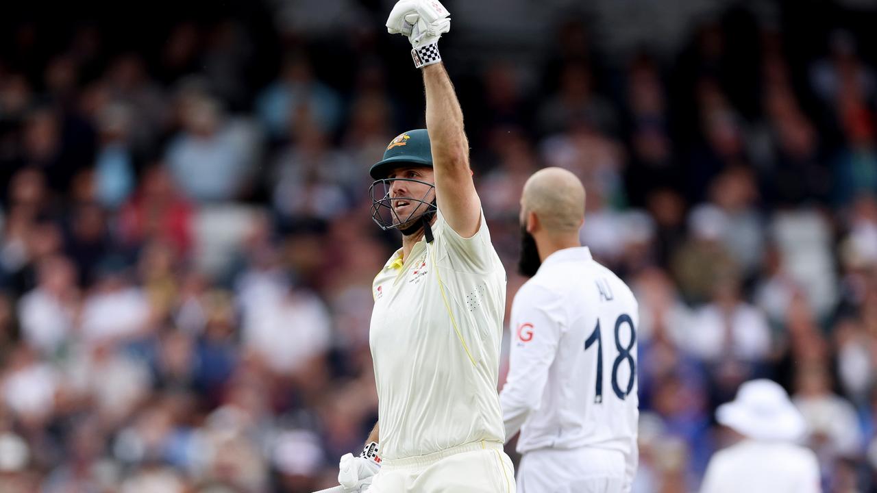 Mitch Marsh celebrates after reaching his century at Headingley. (Photo by Richard Heathcote/Getty Images)