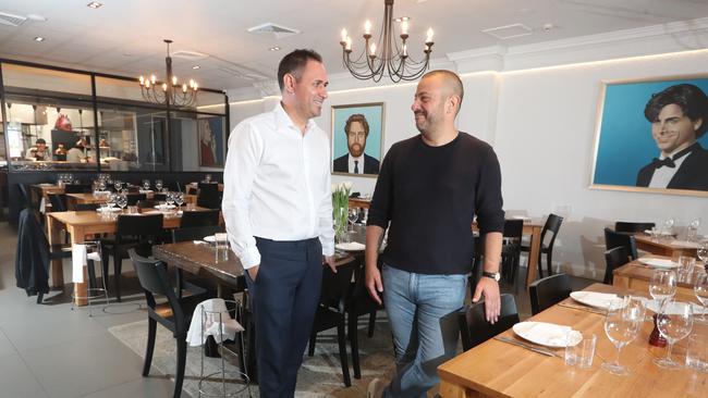 Simon Gloftis and his general manager Theo Kampolis at Hellenika. Simon has made Theo a partner in the highly successful Nobby Beach restaurant. Picture: Richard Gosling