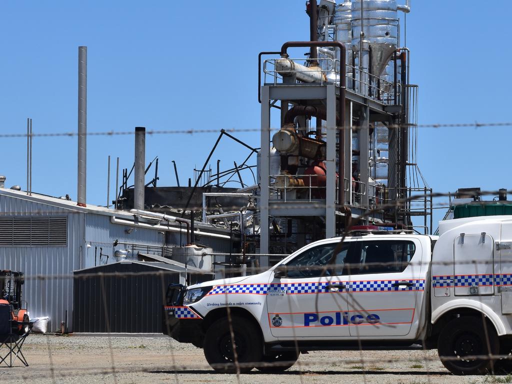 The scene outside Leaf Resources, Isis, following an explosion felt by people in the Childers region on Saturday night.