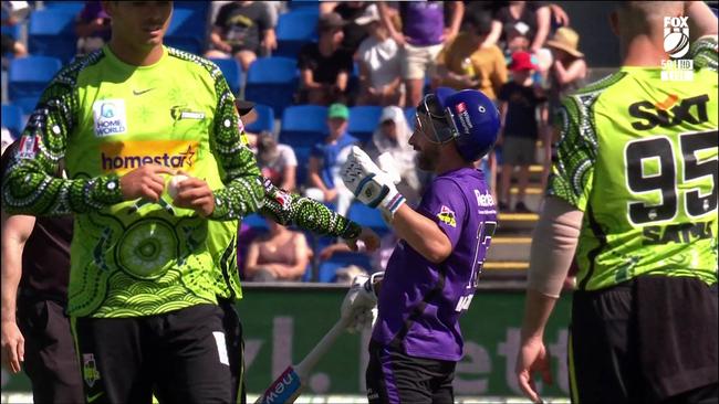 Matthew Wade throws his arms in the air after being shoved by David Warner. Picture: Fox Cricket