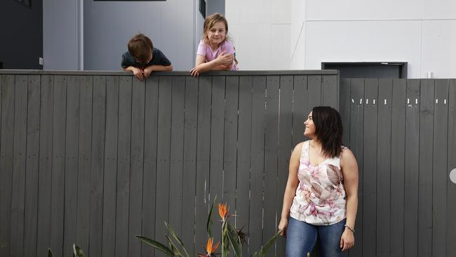 FIFO worker Kiara Sammut with her children Arabella, 6, and Chase, 5, in Caloundra, Queensland. Picture: Claudia Baxter