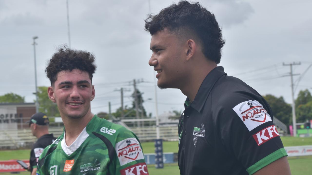 Townsville Blackhawks under-17s Marley Proctor and Eneliko Savelio at the CQ Capras versus Townsville Blackhawks underage games, Browne Park, Rockhampton, on February 17, 2024.