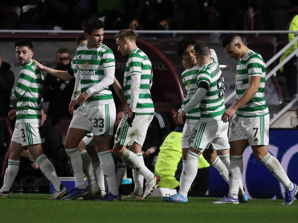 Celtic players celebrate Reo Hatate’s goal against Hearts. Picture: Ian MacNicol / Getty Images