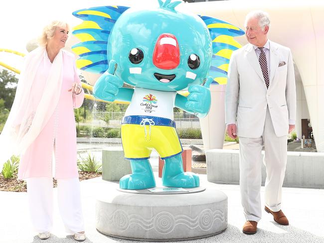 Charles and Camilla posing with the official mascot Borobi during a tour of the Commonwealth Games Athletes’s Village on April 5, 2018 on the Gold Coast, Australia. Picture: Getty Images