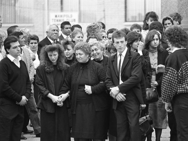 Friends and family mourn murder victim Salvatore Rotiroti at his Geelong funeral at Holy Spirit Church in 1988.