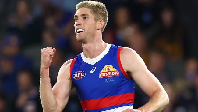 MELBOURNE, AUSTRALIA - MAY 05: Tim English of the Bulldogs celebrates kicking a goal during the round eight AFL match between Western Bulldogs and Hawthorn Hawks at Marvel Stadium, on May 05, 2024, in Melbourne, Australia. (Photo by Quinn Rooney/Getty Images)