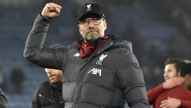 Liverpoo manager Jurgen Klopp at the end of his team’s win over Leicester. Picture: AP