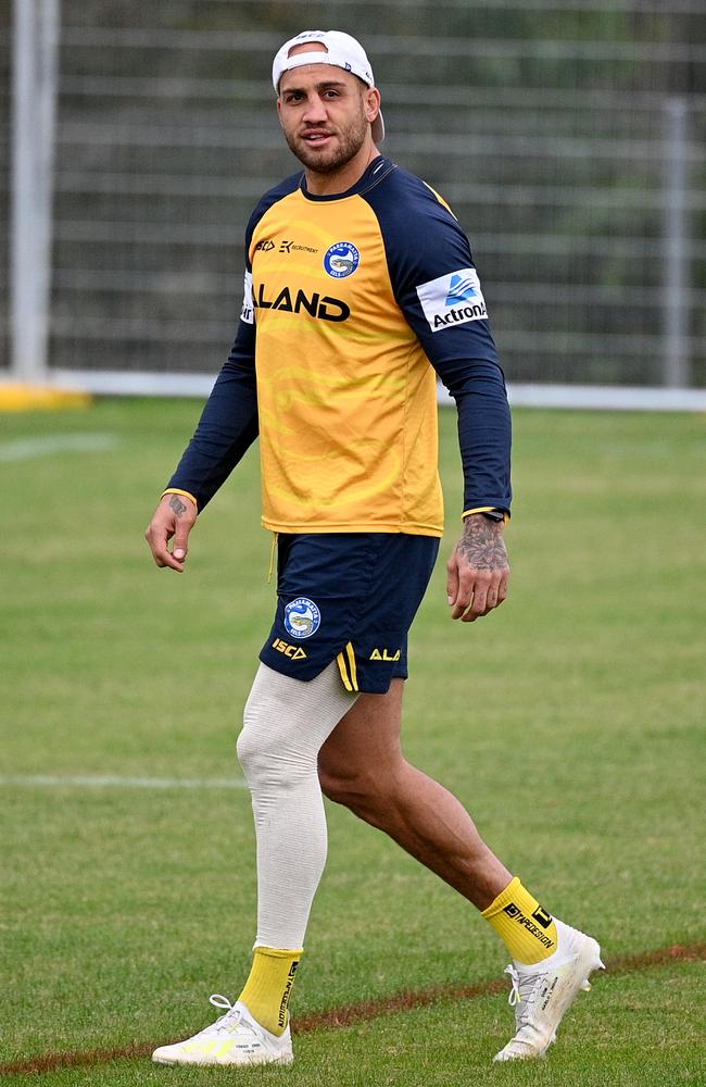 Blake Ferguson wearing strapping during training to keep his leg warm as a precaution against injury.