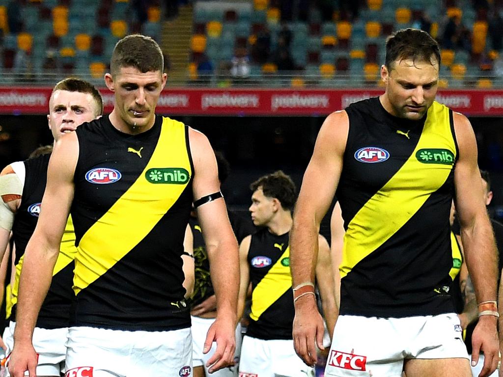 BRISBANE, AUSTRALIA - MAY 18: Richmond Tigers leave the field after their defeat during the round 10 AFL match between Brisbane Lions and Richmond Tigers at The Gabba, on May 18, 2024, in Brisbane, Australia. (Photo by Albert Perez/AFL Photos via Getty Images)
