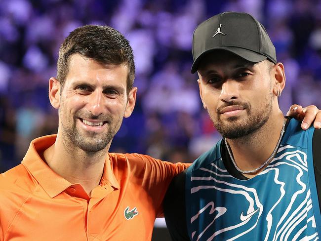 MELBOURNE, JANUARY 13, 2023: Nick Kyrgios and Novak Djokovic meet on Rod Laver Arena for the Arena Showdown, the finale of the Australian OpenÃs Perfect Practice series. Picture: Mark Stewart