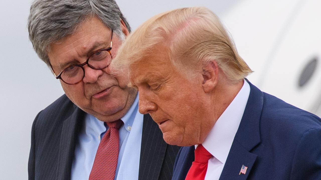 Bill Barr, an apparent member of the “deep state”, speaking to the man who appointed him attorney-general. Picture: Mandel Ngan/AFP