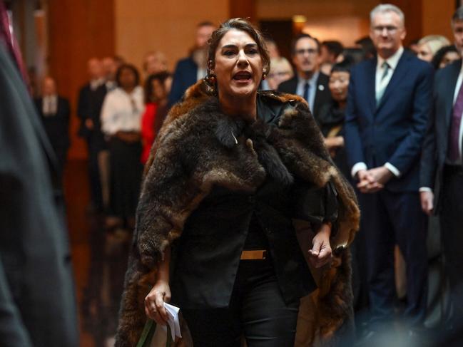 CANBERRA, AUSTRALIA - OCTOBER 21: Australian politician, Senator Lidia Thorpe heckles King Charles III during the ceremonial welcome and Parliamentary reception at the Australian Parliament House on October 21, 2024, in Canberra, Australia. The King's visit to Australia is his first as monarch, and the Commonwealth Heads of Government Meeting (CHOGM) in Samoa will be his first as head of the Commonwealth. (Photo by Victoria Jones - Pool/Getty Images)