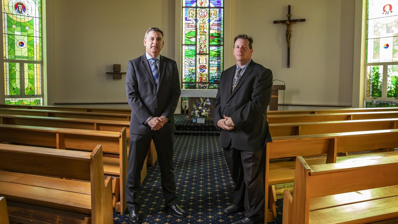 Iona College principal Trevor Goodwin with Fr Michael Twigg. Picture: Mark Cranitch.