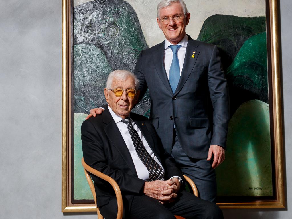 Frank Lowy and Steven Lowy in Sydney on September 26, 2024 . Picture: Nikki Short