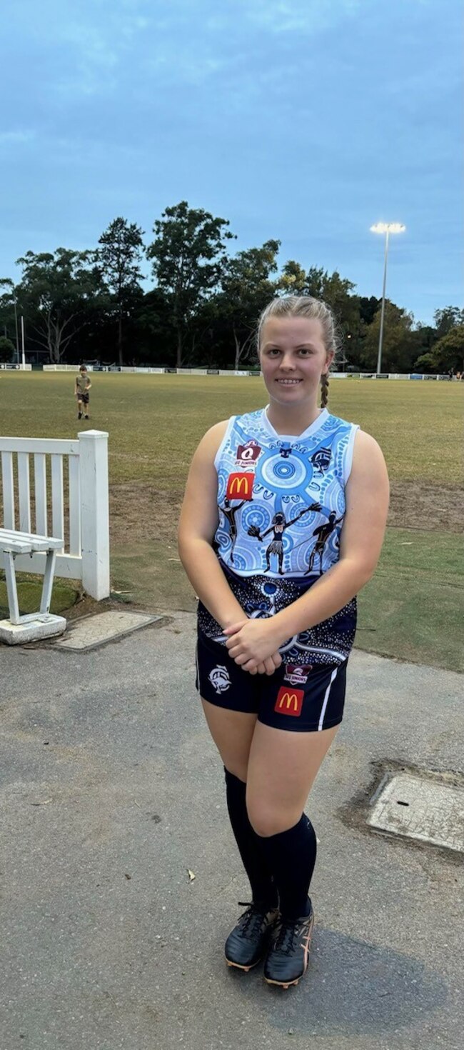 Freyja Atkins, a Wynnum Vikings junior who played her 100 junior match with the Coorparoo under-17s recently.