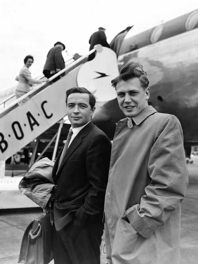 Attenborough (R) with his cameraman departing for Sierra Leone in 1954 while filming Zoo Quest.