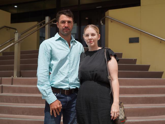 Shannon Pacher and his partner Stacey Bell outside Mackay Magistrates Court after Dean Anthony Thompson, who crashed into Mr Pacher's vehicle and turned his life upside down, was given a jail sentence for dangerous operation of a motor vehicle causing death or grievous bodily harm while adversely affected by an intoxicating substance. Picture: Heidi Petith