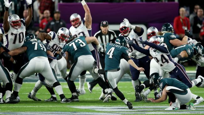 Jake Elliott kicks a field goal during Super Bowl LII. Picture: Getty Images.