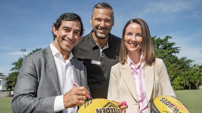 Cowboys star Johnathan Thurston, Labor Candidate for Leichhardt Matt Smith and Cairns Mayor Amy Eden at West Barlow Park. Photo by Brian Cassey