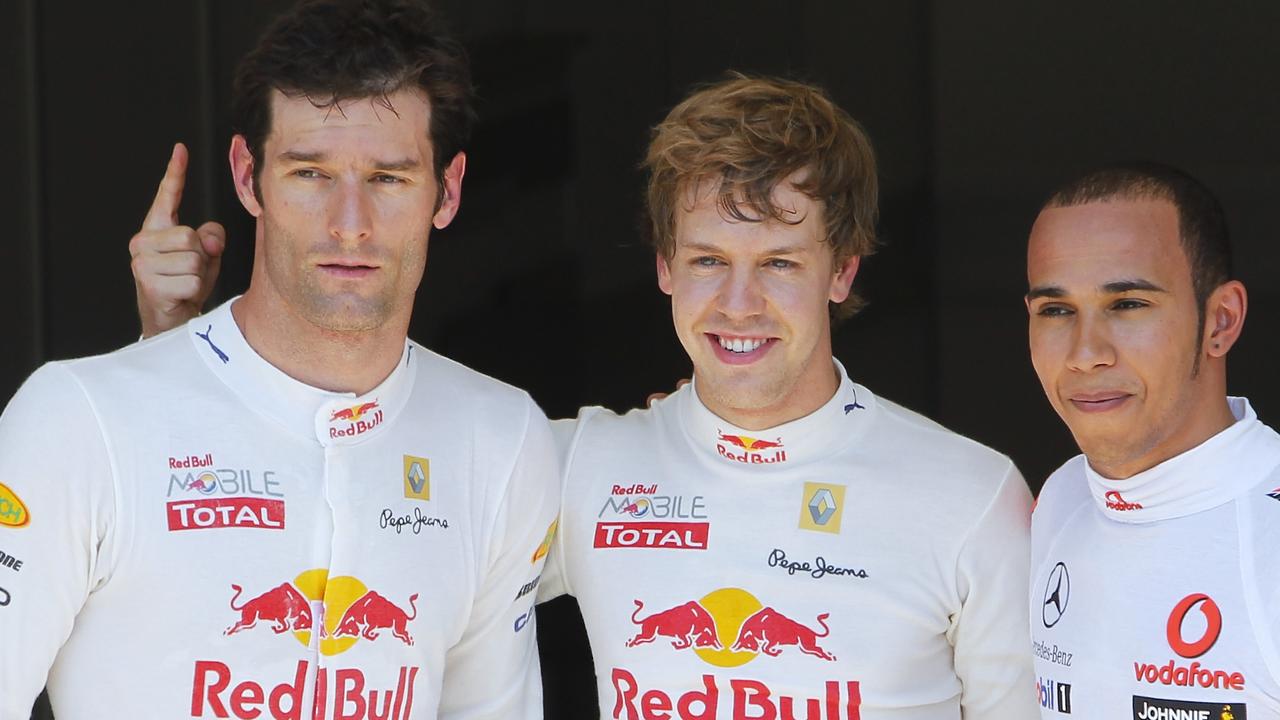 McLaren driver Lewis Hamilton of Britain, Red Bull driver Sebastian Vettel of Germany and Red Bull driver Mark Webber of Australia in 2010. Photo: AP photo/Fernando Hernandez