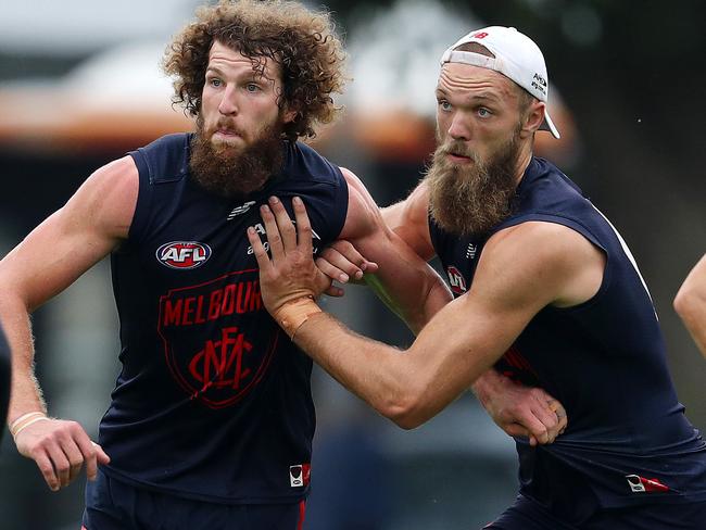 Melbourne AFL training at Goschs Paddock. Max Gawn and Jake Spencer .Pic : Michael Klein