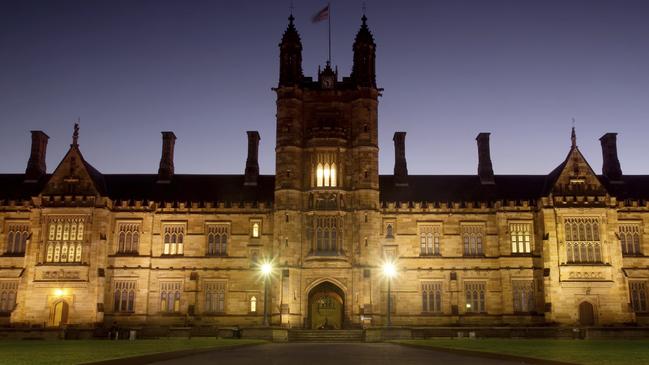 The University of Sydney quadrangle, lit at night. Established in 1850, the university is the oldest in Australia and Oceania.